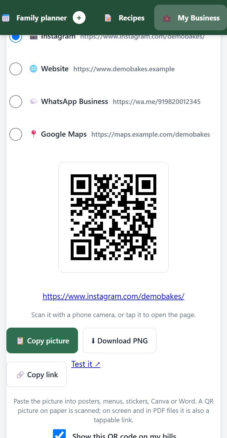 ClanBite My Brand screen with QR code