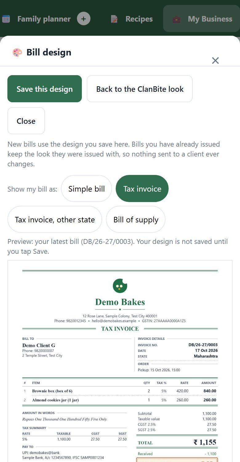 ClanBite bill design window