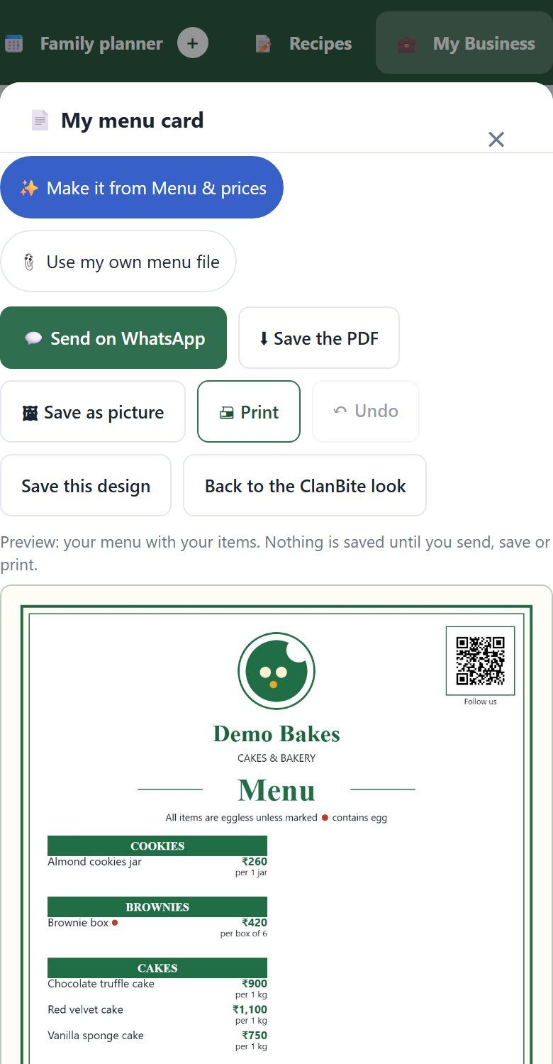ClanBite menu card design window