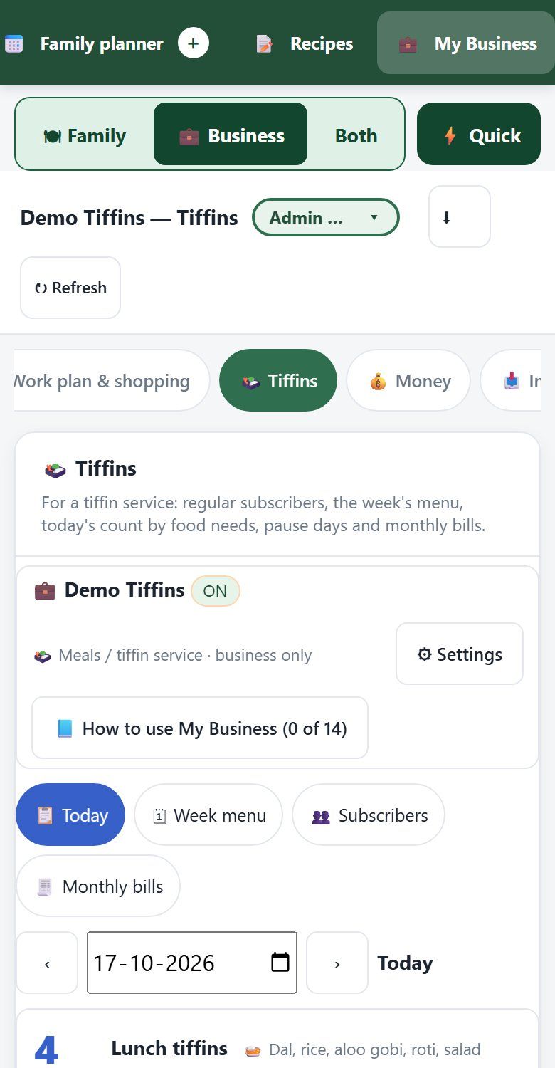ClanBite tiffin service screen