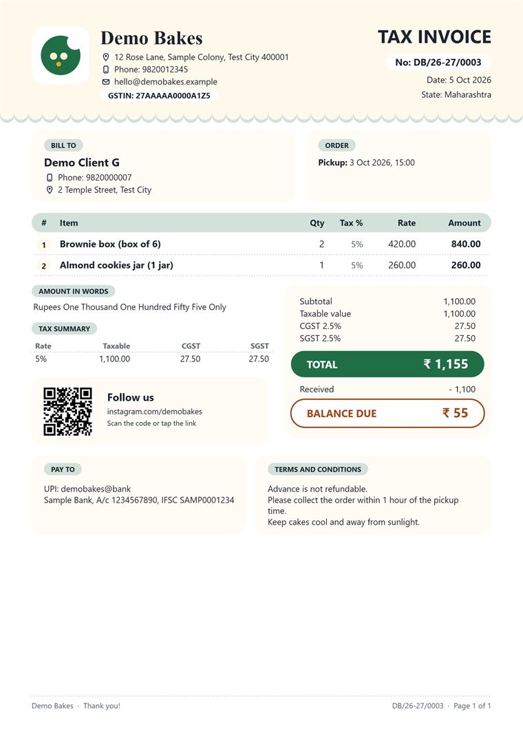 A sample ClanBite bill in the Cake shop look