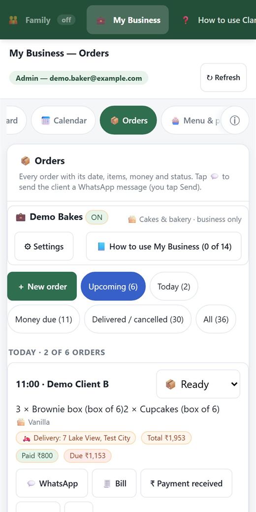 ClanBite home business orders screen on a phone